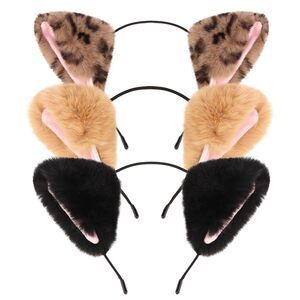 3654 3Pcs Fox Ears Headband Leopard Print Ear Faux Fur Ears for Party